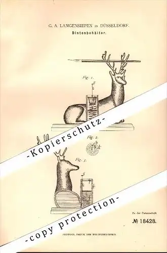 Original Patent - G.A. Langensiepen in Düsseldorf , 1881 , Tintenbehälter , Tintenfass , Hirsch !!!