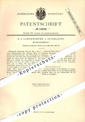 Original Patent - G.A. Langensiepen in Düsseldorf , 1881 , Tintenbehälter , Tintenfass , Hirsch !!!