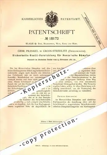 Original Patent - G. Prankel in Gross Strehlitz / Strzelce Opolskie , 1881 , Sicherheitsventil für Dämpfer , Brauerei !