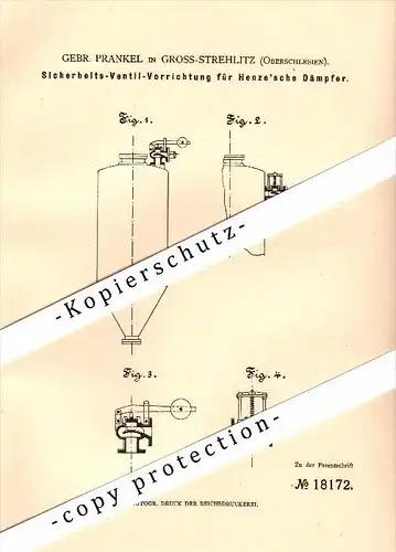Original Patent - G. Prankel in Gross Strehlitz / Strzelce Opolskie , 1881 , Sicherheitsventil für Dämpfer , Brauerei !