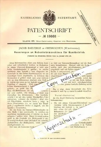 Original Patent - Jacob Baeuerle in Oberkochen , Württemberg , 1882 , Bohrmaschine für Handbetrieb !!!