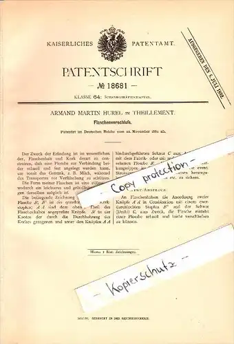 Original Patent - Armand Martin Hurel à Theillement , Eure , 1881 , bouchon !!!