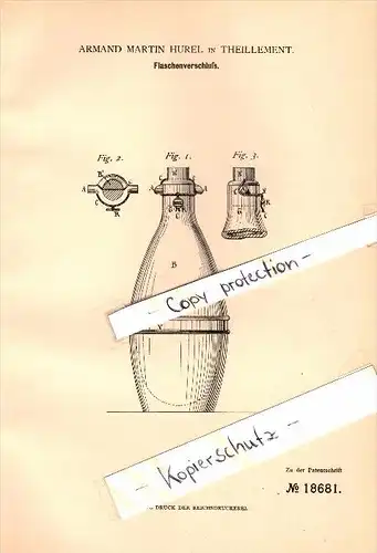 Original Patent - Armand Martin Hurel à Theillement , Eure , 1881 , bouchon !!!