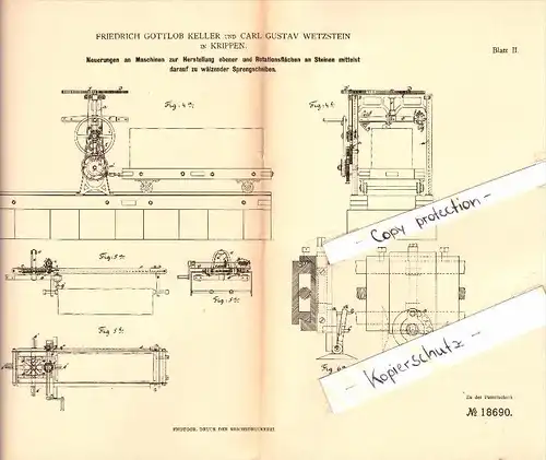 Original Patent - F.G. Keller und C.G. Wetzstein in Krippen b. Bad Schandau , 1881 , Maschine für Steine !!!