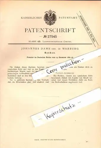 Original Patent - Johannes Dame in Warburg , 1882 , Rechen für Landwirtschaft , Agrar !!!