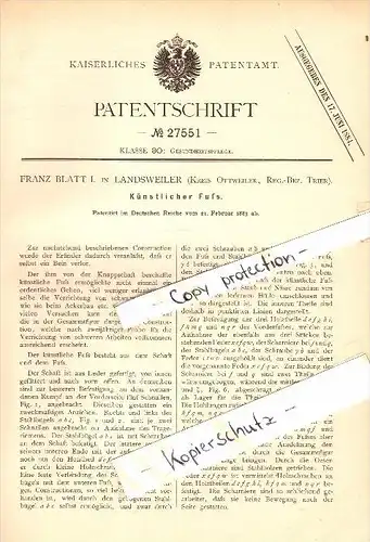 Original Patent - Franz Blatt in Landsweiler b. Lebach , 1883 , künstlicher Fuß , Prothese !!!