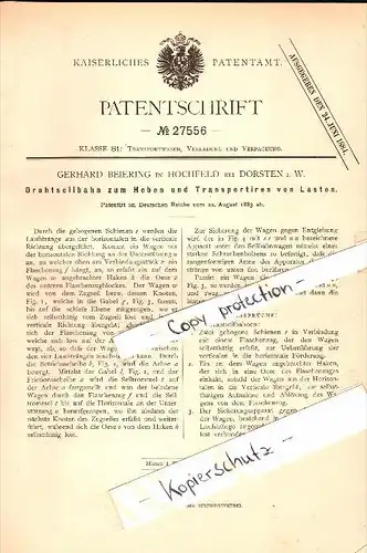 Original Patent - Gerhard Beiering in Hochfeld b. Dorsten i.W. , 1883 , Drahtseilbahn , Seilbahn !!!