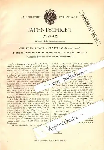 Original Patent - Christian Ammon in Plattling , Niederbayern , 1883 , Stations-Controlle für Weichen , Eisenbahn !!!