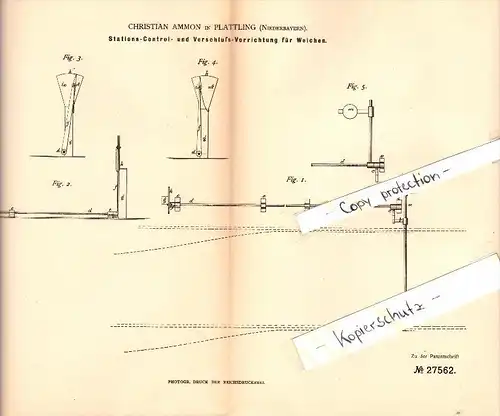 Original Patent - Christian Ammon in Plattling , Niederbayern , 1883 , Stations-Controlle für Weichen , Eisenbahn !!!