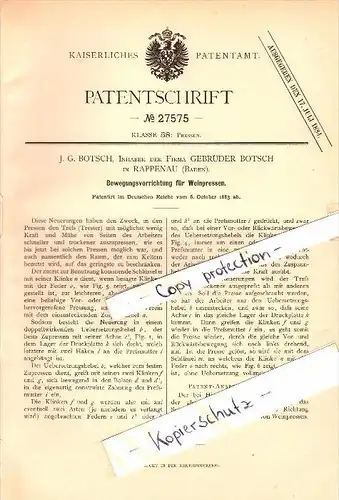 Original Patent - J.G. Botsch in Rappenau i. Baden , 1883 , Apparat für Weinpressen , Wein , Weinbau !!!