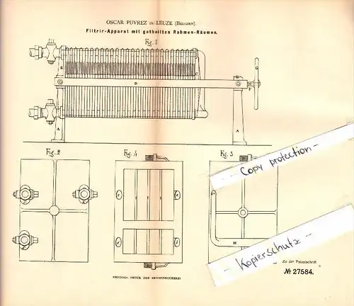 Original Patent - Oscar Puvrez in Leuze-en-Hainaut , 1883 , Filtrier-Apparat !!!