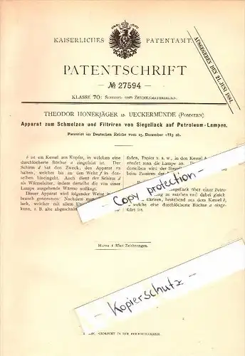 Original Patent - Theodor Honerjäger in Ueckermünde i. Mecklenburg , 1883 , Siegellack für Petroleum-Lampen , Ückermünde