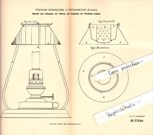 Original Patent - Theodor Honerjäger in Ueckermünde i. Mecklenburg , 1883 , Siegellack für Petroleum-Lampen , Ückermünde