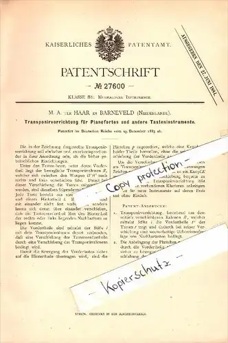 Original Patent - M.A. ter Haar in Barneveld , 1883 , Transportvorrichtung für Pianoforte , Klavier , Piano !!!