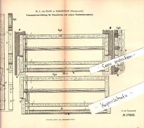 Original Patent - M.A. ter Haar in Barneveld , 1883 , Transportvorrichtung für Pianoforte , Klavier , Piano !!!