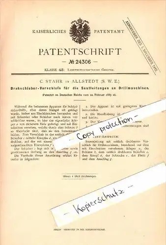 Original Patent - C. Stahr in Allstedt , 1883 , Drehschieber-Verschluß für Drillmaschinen , Landwirtschaft !!!