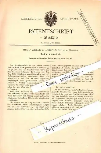 Original Patent - Hugo Welle in Dühringshof a.d. Ostbahn / Bogdaniec , 1883 , Schwimmschuh , Landsberg a. Warthe !!!