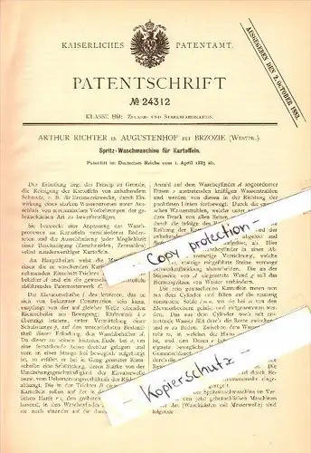 Original Patent - A. Richter in Augustenhof b. Brzozie / Altbrosen , 1883 , Kartoffel-Waschmaschine , Westpreussen !!!