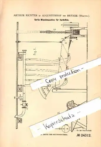 Original Patent - A. Richter in Augustenhof b. Brzozie / Altbrosen , 1883 , Kartoffel-Waschmaschine , Westpreussen !!!