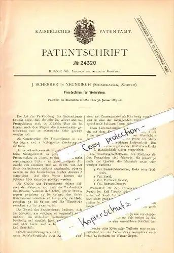 Original Patent - J. Scherrer in Neunkirch b. Schaffhausen , Schweiz , 1883 , Frostschirm für Weinreben , Wein , Weinbau