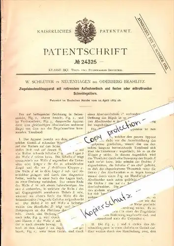 Original Patent - W. Schlüter in Neuenhagen b. Oderberg-Bralitz , 1883 , Ziegel-Abschneideapparat , Bad Freienwalde !!!