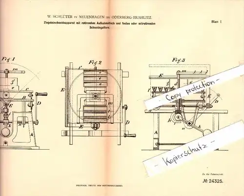 Original Patent - W. Schlüter in Neuenhagen b. Oderberg-Bralitz , 1883 , Ziegel-Abschneideapparat , Bad Freienwalde !!!