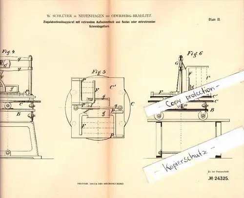 Original Patent - W. Schlüter in Neuenhagen b. Oderberg-Bralitz , 1883 , Ziegel-Abschneideapparat , Bad Freienwalde !!!