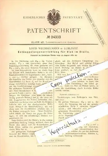 Original Patent -Louis Wechselmann in Lublinitz / Lubliniec ,1882, Entkuppelung für Vieh im Stall, Viehzucht , Schlesien