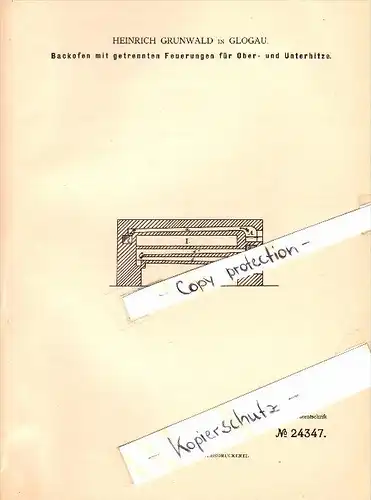 Original Patent - Heinrich Grunwald in Glogau / Glogow , 1883 , Backofen mit Ober- und Unterhitze , Bäckerei !!!