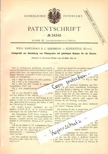 Original Patent - W. Esselborn & C. Kremkow in Käfertal b. Mannheim , 1883 , Handgerät für Pflanzgruben !!!