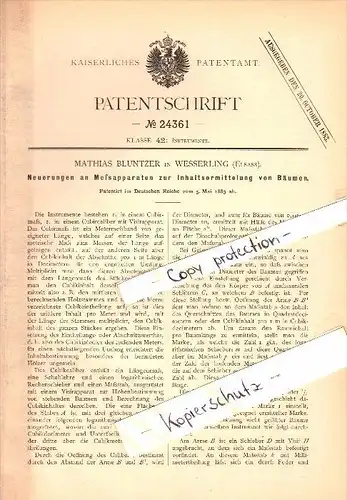 Original Patent - Mathias Bluntzer à Wesserling / Thann , 1883 , Appareil de mesure pour les arbres , bois !!!