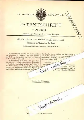 Original Patent - Gustav Heger in Eberswalde / Zainhammer , 1881 , Walzwerk für Thon , Keramik , Töpferei !!