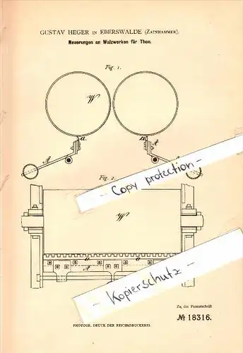 Original Patent - Gustav Heger in Eberswalde / Zainhammer , 1881 , Walzwerk für Thon , Keramik , Töpferei !!