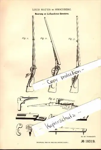 Original Patent - Louis Mattis in Hirschberg / Jelenia Góra , 1881 , Lefaucheux - Gewehre , Gewehr , Jagd , Schlesien !!