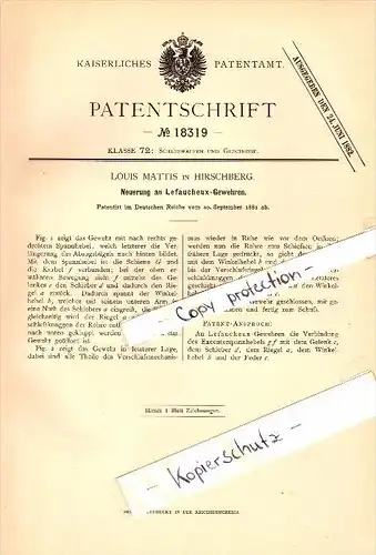 Original Patent - Louis Mattis in Hirschberg / Jelenia Góra , 1881 , Lefaucheux - Gewehre , Gewehr , Jagd , Schlesien !!
