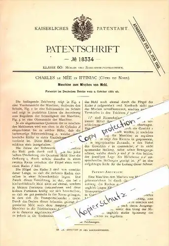 Original Patent - Charles le Mée à Yffiniac , Cotes-d’Armor , 1881 , Machine à mélanger la farine !!!