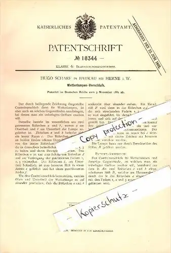 Original Patent - Hugo Scharf in Baukau b. Herne i.W. , 1881 , Wetterlampen-Verschluß , Beleuchtung !!!