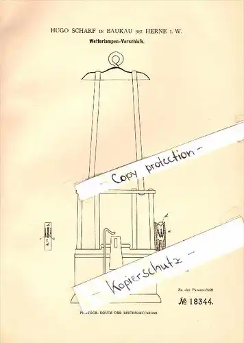 Original Patent - Hugo Scharf in Baukau b. Herne i.W. , 1881 , Wetterlampen-Verschluß , Beleuchtung !!!