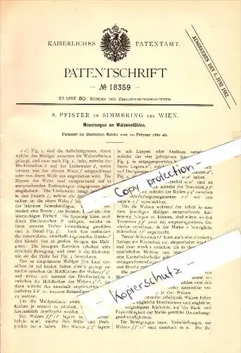 Original Patent -  A. Pfister in Simmering b. Wien , 1880 , Walzenstühle für Mühle !!!