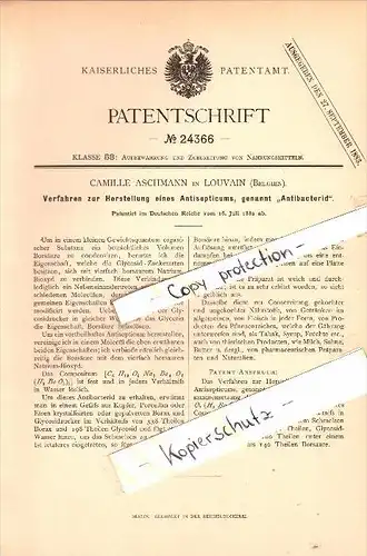 Original Patent - C. Aschmann in Louvain / Löwen , 1882 , Herstellung einen Anti-Septicums , Antibacterid , Bakterien !!