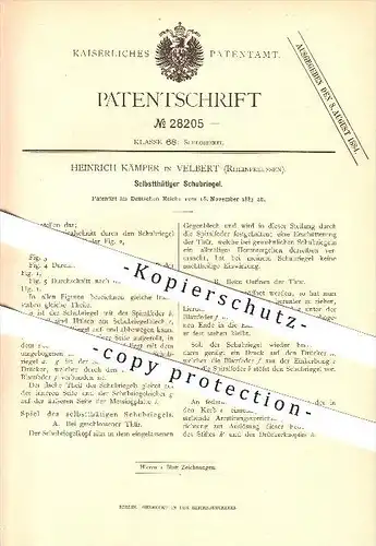 original Patent - Heinrich Kämper in Velbert , Rheinpreussen , 1883 , Selbsttätiger Schubriegel , Schlosser , Tür !!!