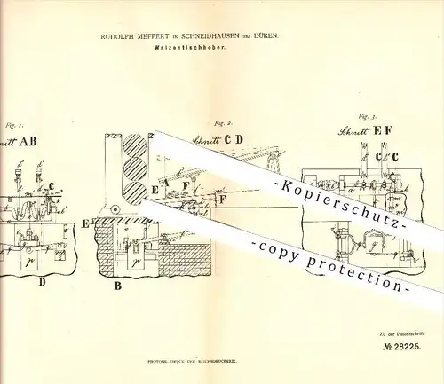original Patent - Rudolph Meffert in Schneidhausen bei Kreuzau , 1884 , Walzentischheber , Metallbau , Düren !!!