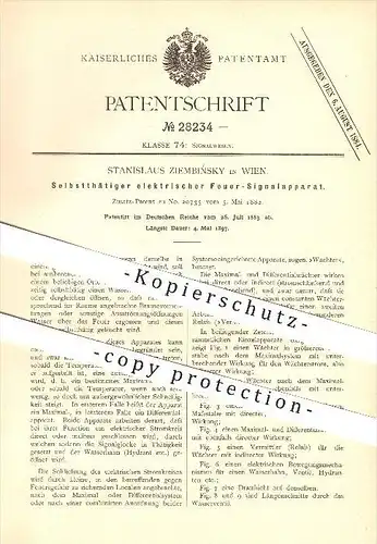 original Patent - Stanislaus Ziembinsky in Wien , 1883 , Elektrischer Feuer Signalapparat , Feuerwehr !!!