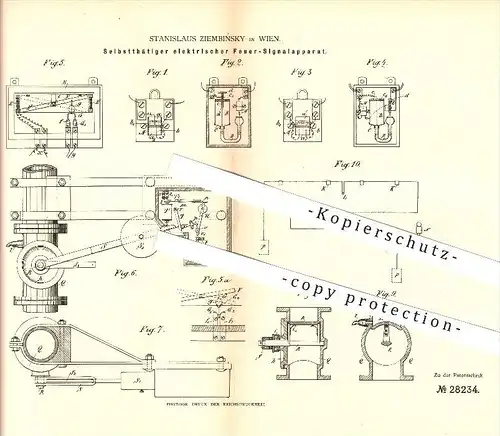 original Patent - Stanislaus Ziembinsky in Wien , 1883 , Elektrischer Feuer Signalapparat , Feuerwehr !!!
