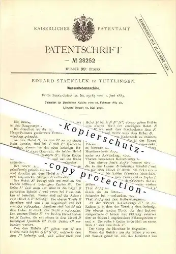 original Patent - Eduard Staenglen in Tuttlingen , 1884 , Wasserhebemaschine , Pumpen , Wasserhebewerk !!!