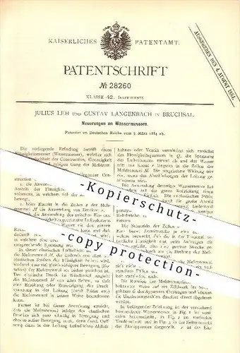 original Patent - Julius Leh & Gustav Langenbach in Bruchsal , 1884 , Neuerungen an Wassermesser , Flüssigkeiten !!!