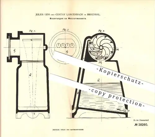 original Patent - Julius Leh & Gustav Langenbach in Bruchsal , 1884 , Neuerungen an Wassermesser , Flüssigkeiten !!!