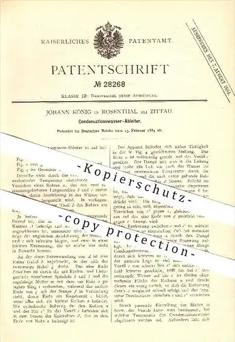 original Patent - Johann König in Rosenthal bei Zittau , 1884 , Ableiter für Kondensationswasser , Hirschfelde !!!