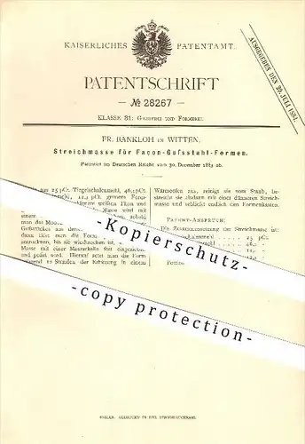 original Patent -  Fr. Bankloh in Witten , 1883 , Streichmasse für Gussstahlformen , Gießerei , Stahl !!!