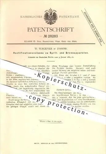 original Patent - W. Wagener in Dahme , 1884 , Kolonne zu Sprit- und Brennapparaten , Bier , Wein , Essig , Brauerei !!!